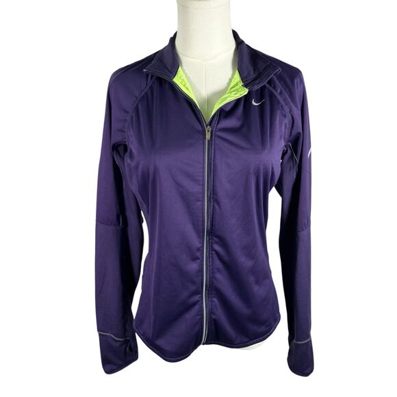 Nike Dri-Fit Full Zip Running Jacket Purple Lime M Reflective Pockets 384423-535 - Picture 1 of 16